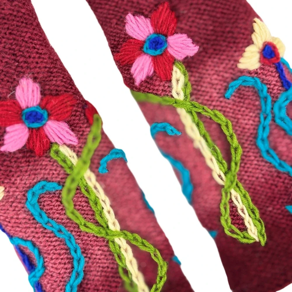 Hand Knit Floral Embroidered Fingerless Gloves Burgundy Ombre Boho Wool Mitten